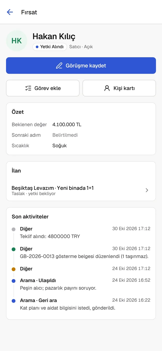 Mobil fırsat ekranı: özet, ilan ve son aktiviteler